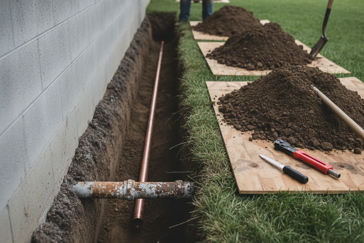 Excavated water line trench during Water Heater Repair in Wellfleet